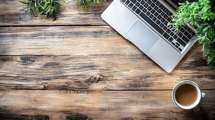 Aufkleber - Banner Top view office desk laptop coffee cup wood table copy space Banner Tabletop notebook laptop coffee cup office display empty space wooden background Home business workspace with : Generative AI