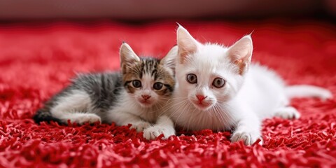 Wall Mural - A mother cat and her white kitten, featuring captivating heterochromatic eyes, are perched on a vivid red carpet, looking straight at the camera.