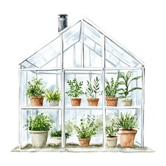 Wall Mural - Watercolor painting of a white greenhouse with potted plants clipart white background 