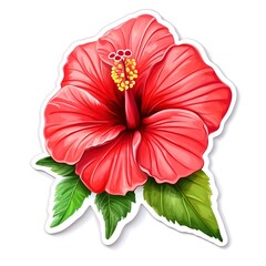 Wall Mural - Tropical hibiscus flower, cute 3d style cartoon illustration. isolated design element, clip art. Bright summer sticker 