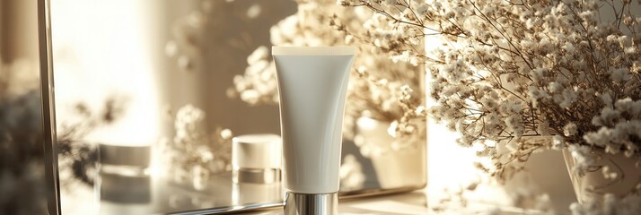 Poster - A tube of cream stands reflected in a mirror, capturing soft light and surrounded by delicate flowers, creating a tranquil atmosphere. Generative AI