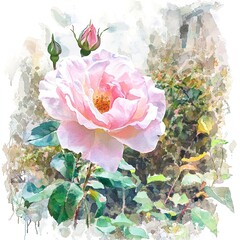 Wall Mural - A water color of a rose, with delicate pink petals, blooming in an ancient castle garden, surrounded by ivycovered walls, Clipart isolated on white