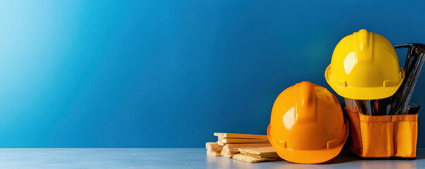 Yellow and orange construction helmets with a tool pouch on a blue background, representing safety equipment and building tools.