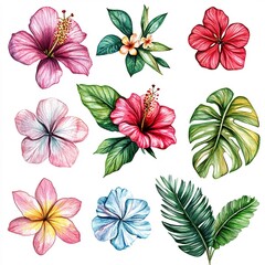 Wall Mural - Tropical flower clipart in various colors,Clipart, watercolor illustration, Perfect for nursery art The style is handdrawn, white background