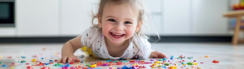 A child s joyful smile while playing with spilled paint, showing the beauty of happy accidents, selective focus, playful mess, whimsical, blend mode, kitchen floor backdrop