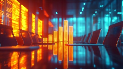 Fototapete - Image of bar graph representing growth over empty chairs and table arranged in conference room Digital composite multiple exposure business report profit progress furniture meeting : Generative AI