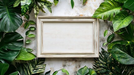 Wall Mural - White wooden photo frame with plant leaves on white background : Generative AI