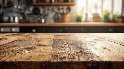 Poster - A wooden table or surface for products against the background kitchen : Generative AI