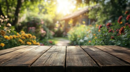 Poster - Select tive focusEmpty wood table top on blur abstract garden flower with cozy house backgroundFor montage product display or design key visual layout : Generative AI