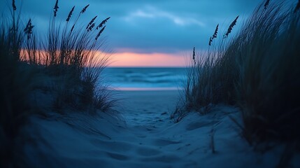 Canvas Print - Blue hour on the beach after sunset North Sea Denmark : Generative AI