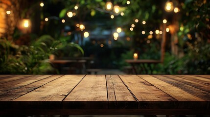 Aufkleber - Empty wood table for product display in blur background of admirable restaurant at night : Generative AI