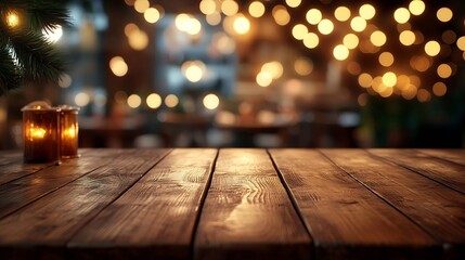 Leinwandbilder - Empty wooden table top with lights bokeh on blur restaurant background : Generative AI