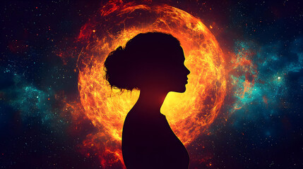 Canvas Print - Silhouette of a woman's head and shoulders against a fiery galaxy with blue nebulae.