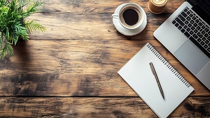 Leinwandbilder - Work from home desk office with laptop blank notepad coffee cup and pen on wood table Flat lay top view copy spce : Generative AI