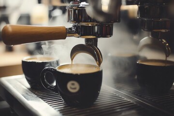 Close-up of an espresso machine with steam rising from a coffee cup, focusing on a black mug being filled, set against a cozy cafe interior background with blurred tables and chairs.