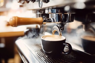 Close-up of an espresso machine with steam rising from a coffee cup, focusing on a black mug being filled, set against a cozy cafe interior background with blurred tables and chairs.