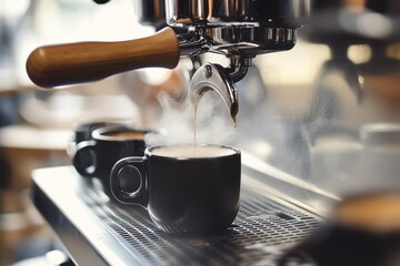 Close-up of an espresso machine with steam rising from a coffee cup, focusing on a black mug being filled, set against a cozy cafe interior background with blurred tables and chairs.