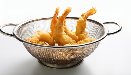 Shrimp tempura on a colander with white background isolated