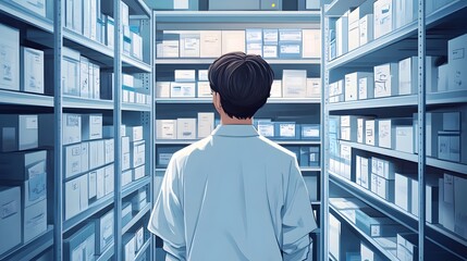 The healthcare administrator overseeing the organized hospital storage room with systematic shelving and supply chain logistics