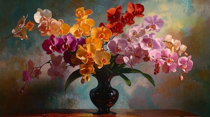 Poster - Colourful Orchid flowers in a vase on a table