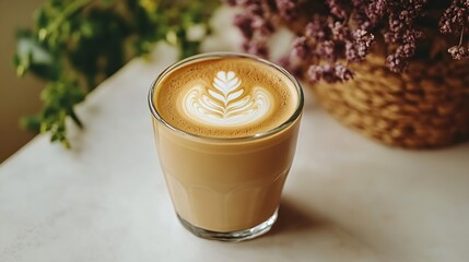 Poster - Cappuccino cup with beautiful latte art on white table in cafe or coffee shop Hot tasty drink in glass takeaway mug take your coffee to go eco friendly plastic free zero waste concept  : Generative AI
