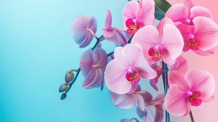 Wall Mural - Bouquet orchid flowers on pink and blue background