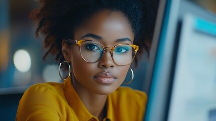 Aufkleber - Office computer and black woman with glasses serious or reading email online research or report Laptop concentration and African journalist proofreading article for digital news websit : Generative AI