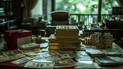 Wall Mural - Stacks of US dollar bills on a desk with a red box and coins.