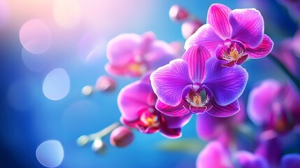 Poster - Purple orchid flowers on a blue background, orchid, purple, flowers, blue, background, vibrant, colorful, beauty, nature