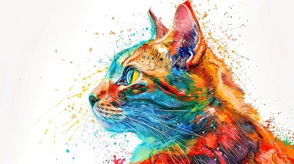 Wall Mural - Colorful Cat on a White Background, Showcasing a Vibrant and Playful Design. The Cat is Illustrated with Bright, Bold Colors and Intricate Patterns, Adding a Fun and Artistic Touch to Any Space.