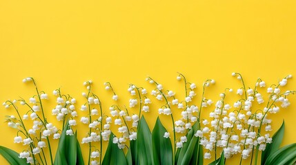 Wall Mural - Lily of the Valley White Flowers on Yellow Background