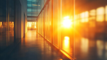 Poster - Sunlight streams through a glass wall in a modern office building, illuminating the corridor.