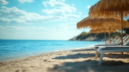 Canvas Print - Straw umbrellas on empty beach Beautiful empty beach with sun umbrellas and sunbeds Perfect summer vacation destination : Generative AI