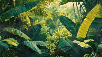Wall Mural - a painting of a jungle with green leaves and a bird in the foreground. the painting is full of life 