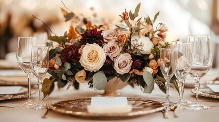 Sticker - autumn wedding decor, elegant autumn wedding decor idea with soft pastel tones, gold, and burgundy palette for a sophisticated look -