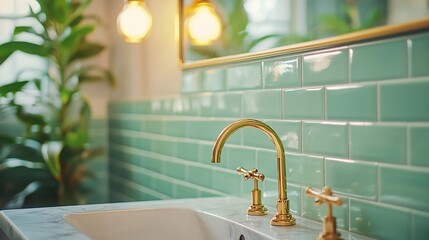 Poster - A bathroom with green subway tile walls gold lights marble sink and a gold faucet : Generative AI