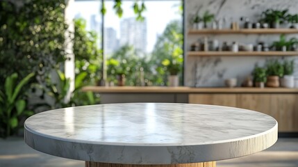 Leinwandbilder - kitchen round table background white stone counter top on blur of white clean abstract home interior with bokeh  used for display or montage your wooden for dining background tabl bann : Generative AI