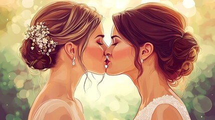 Canvas Print - Lesbian couple kissing for the marriage. Together forever - loving happy lesbian couple in a wedding day