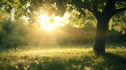 Poster - Blur background of sunlight shining though the tree with grass field Soft light nature photography Peaceful nature and solitude concept Design for relaxation and meditation spaces Clea : Generative AI
