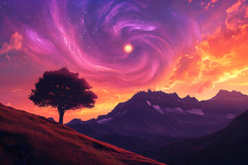 A single tree stands on a grassy hill, overlooking a majestic mountain range with a vibrant sunset sky.