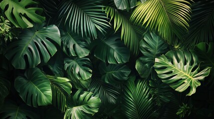 Wall Mural - A lush green jungle with many leaves and vines. The jungle is full of life and energy, and it feels like a place of peace and tranquility