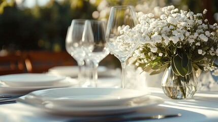 Wall Mural - Elegance table setting for party, event, banquet, wedding outdoors with gentle pure white flowers.