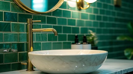 Poster - A bathroom with green subway tile walls gold lights marble sink and a gold faucet : Generative AI