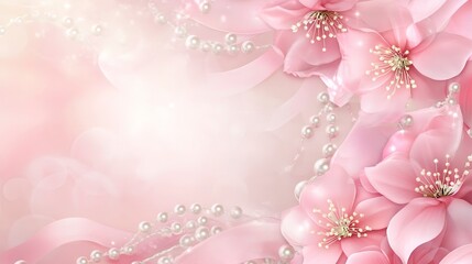 Poster - Elegant Pink Floral Background with Pearls and Ribbons