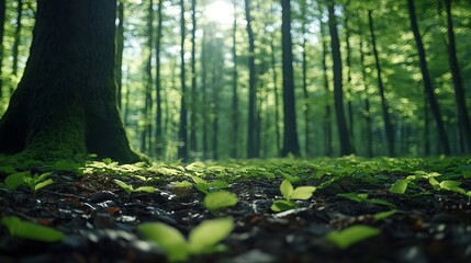 Broad leaf trees forest at spring daylightgreen leafs tree trunks forest floor Bile KarpatyCzech RepublicEurope Creative postprocessing : Generative AI