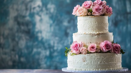 Wall Mural - A three tier wedding cake with pink roses, copy space