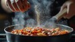 © Generative AI - The cook adds dry seasonings to a pot of boiling food Retsoran kitchen cooking concept with advertising space on black background : Generative AI