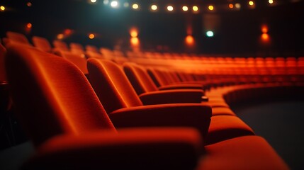 Aufkleber - Close up of orange red seats in dark empty cinema hall with copy space Background with rows of chairs with selective focus Concept of event theatre conference show presentation audienc : Generative AI