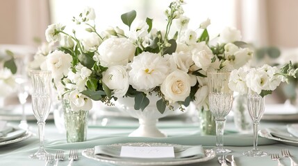 Canvas Print - Beautiful wedding reception table with elegant white floral centerpiece and mint green table setting