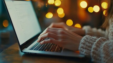 Close up image of woman hands typing on laptop computer keyboard and surfing the internet on office table online working business and technology internet network communication concept : Generative AI